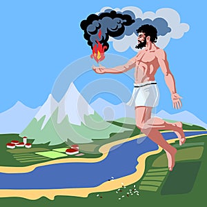 Flying Prometheus with fire in his hand, a character from the myths of ancient Greece, a rural landscape