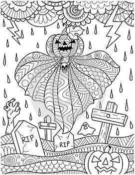 Flying pumpkin ghost above graveyard with thunder storm rain for card,poster and adult coloring book page. Vector illustration