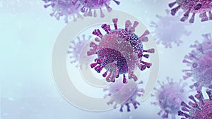 Flying purple virus molecules microscopic detail on abstract bright cold background.