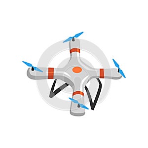 Flying quadrocopter. Cartoon icon of drone with four rotor blades. Unmanned aerial vehicle. Flat vector element for