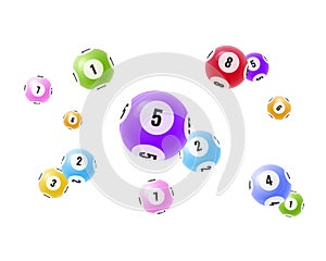 Flying realistic 3D balls with random numbers. Lottery, bingo, lotto.