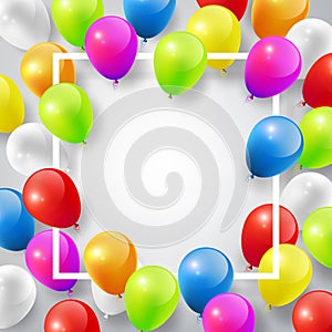 Flying Realistic Glossy Colorful Balloons with square white frame for design template, celebrate concept on white background photo