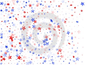 Flying red blue white star sparkles on white vector american patriotic background.