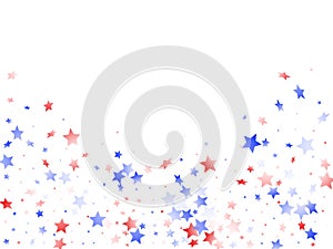 Flying red blue white star sparkles on white vector american patriotic background.