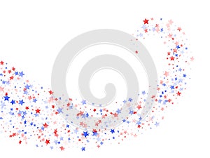 Flying red blue white star sparkles on white vector american patriotic background.