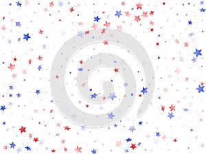 Flying red blue white star sparkles on white vector american patriotic background.