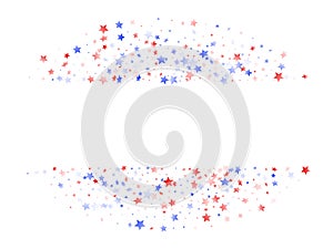 Flying red blue white star sparkles on white vector american patriotic background.