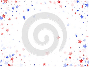 Flying red blue white star sparkles on white vector american patriotic background.