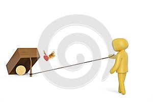 Flying red heart and gold coins on trap.3D illustration.