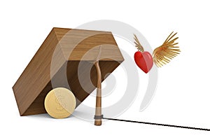 Flying red heart and gold coins on trap.3D illustration.