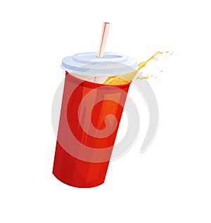 Flying red paper cup for soda, juice or soft drinks. Fast food. Cartoon vector illustration.