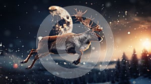 Flying Reindeer with Moonlit Background. Generative ai