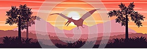 Flying reptile pteranodon in the sky above the valley and mountains Prehistoric animals and plants ferns. Vector landscape of the