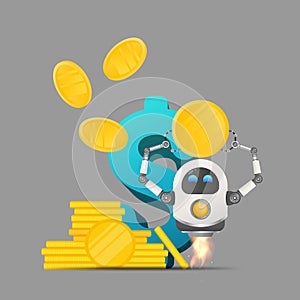 Flying robot holding a gold coin on the background of the dollar sign. Investment and capital increase concept. Vector.