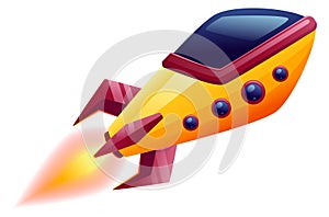 Flying rocket icon. Cartoon spaceship with burning flame