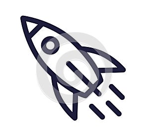 Flying rocket space ship line art icon