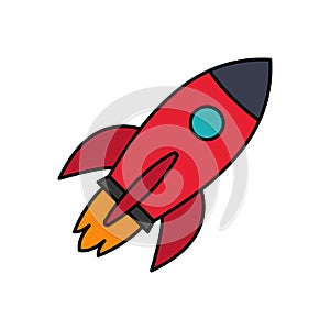 Flying rocket. Spaceship launched to space. Business start up concept