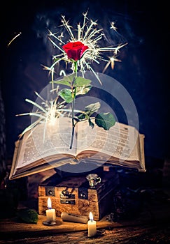 Flying rose with sparkles and old book