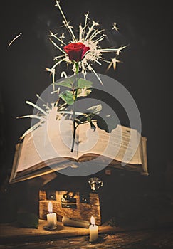Flying rose with sparkles and old book