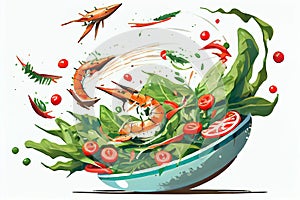 Flying salad drawing with bit of watercolor. Cartoon bow with healthy organic ingredient