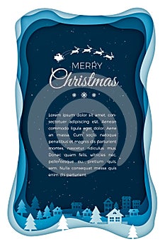 Flying Santa on night sky in city town. Winter holiday background paper art. Christmas season paper cut style illustration.