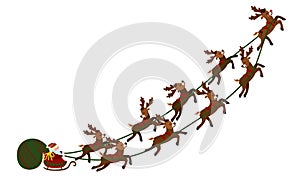 Flying Santa in a sleigh with deer. Christmas illustration of Santa Claus in a cart and a bag of gifts. New Year