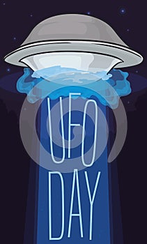 Flying Saucer Abducting Commemorative Sign for UFO Day in the Night, Vector Illustration