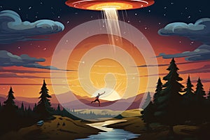 Flying Saucer Abducting Concept. UFO Abducts. Extraterrestrial Life Concept.