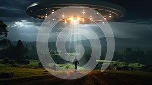 Flying Saucer Abducting Concept. UFO Abducts. Extraterrestrial Life Concept.