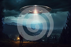 Flying Saucer Abducting Concept. UFO Abducts. Extraterrestrial Life Concept.