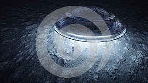 Flying saucer with alien on moon. UFO concept. Realistic metal shaders. 3d rendering.