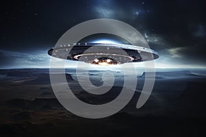 Flying saucer of aliens in flight. Generative AI