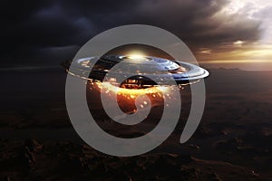 Flying saucer of aliens in flight. Generative AI