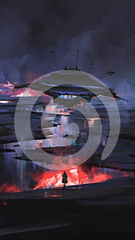 Flying saucer descends on earth devastatingly, sci-fi illustration