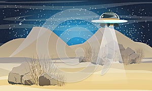 Flying saucer flying over the desert. Space trip. Sahara Desert. The arrival of aliens on Earth