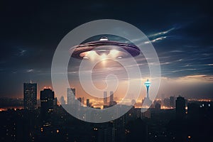 Flying saucer flying in the sky over night city. UFO invasion. Alien abduction. Created with Generative AI