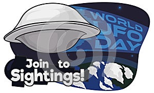 Flying Saucer Hovering over Earth in World UFO Day, Vector Illustration