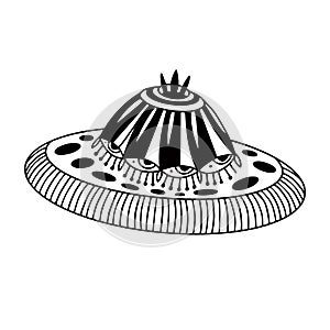 Flying saucer illustratio. T-shirt print design. UFO tattoo art