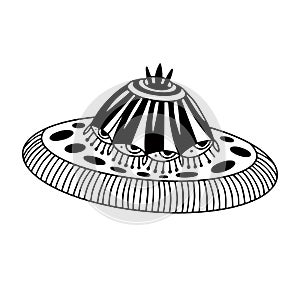 Flying saucer illustratio. T-shirt print design. UFO tattoo art photo