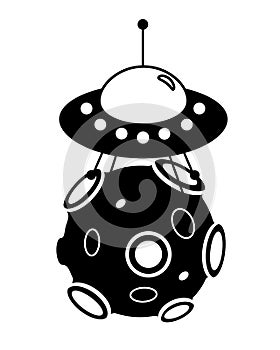 Flying saucer landed on an asteroid - vector silhouette illustration for logo or sign. Spaceship on a planetoid with cratters. UFO