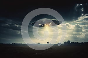 Flying saucer over the field at night. UFO in the sky. 3d rendering, Invasion of extraterrestrial. Alien abduction, Ai Generated