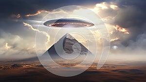 Flying saucer over pyramid, aliens and egyptian pyramids themed UFO design. Generative ai