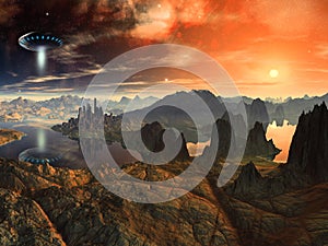 Flying Saucer Ship over Alien Landscape