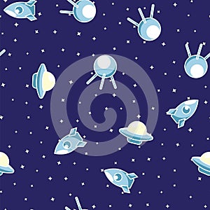Flying saucer, space rocket and satellite view from cosmos pattern background. Space ship, ufo, rocket and satellite in