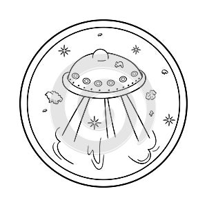 Flying saucer, stars and asteroids. Space object in the style of the doodles