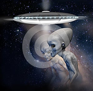 Flying saucer and two grey realistic aliens  in space. 3D characters. Digital illustration.  3d illustration.