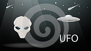 Flying saucer UFO alien head on the background of night sky with comets and stars banner design on a black background