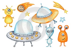 Flying saucer UFO, cartoon alien spaceship Funny happy cartoon alien space monster set, Unidentified flying object and