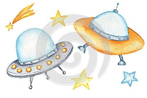 Flying saucer UFO, cartoon alien spaceship set, Unidentified flying object and stars. Watercolor isolated kids