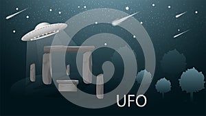 Flying saucer UFO flying over Stonehenge banner design in dark blue background illustration among trees starry sky